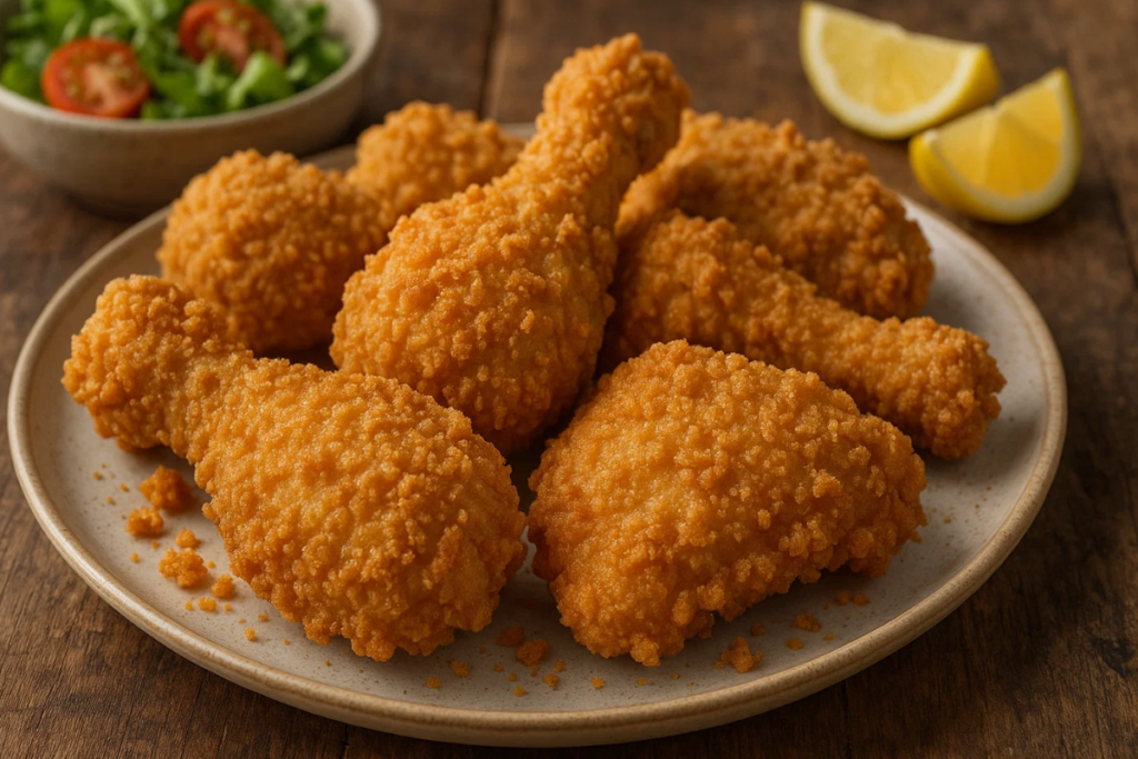 Frango empanado servido ao lado de salada e limões.