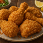 Frango empanado servido ao lado de salada e limões.