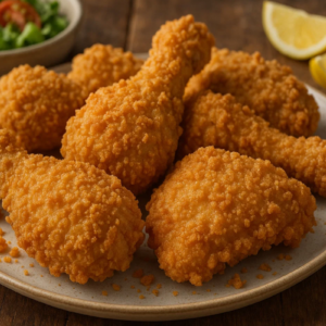 Frango empanado servido ao lado de salada e limões.
