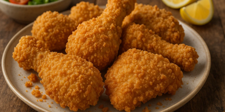 Frango empanado servido ao lado de salada e limões.