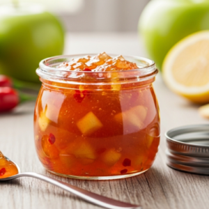Geleia com colher escorrendo ao lado e maçãs ao fundo.
