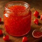 Geleia de pimenta biquinho com pimentas ao lado.
