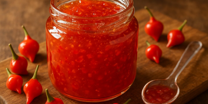 Geleia de pimenta biquinho com pimentas ao lado.