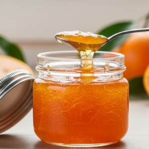 Geleia de tangerina no pote e tangerinas ao fundo.