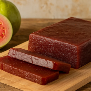 Goiabada caseira cortada e goiaba ao lado.