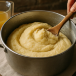 Massa de coxinha com colher dentro da panela com caldo ao lado.