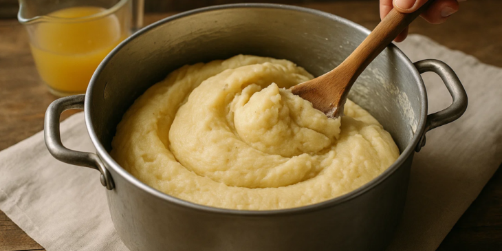 Massa de coxinha com colher dentro da panela com caldo ao lado.