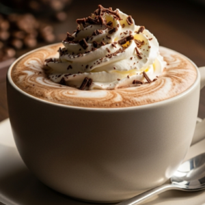 Xícara com mocha e chocolates ao fundo