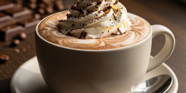 Xícara com mocha e chocolates ao fundo