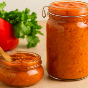 Molho de pimenta em potes.