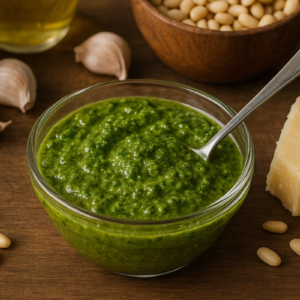 Molho pesto em tigela com parmesão e alho ao lado.