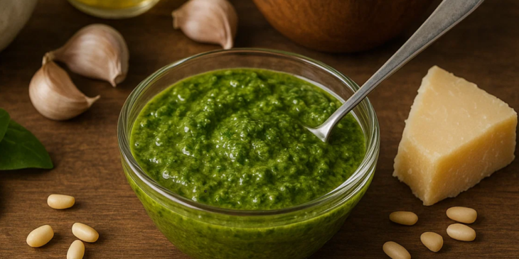 Molho pesto em tigela com parmesão e alho ao lado.