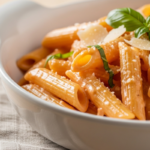 Macarrão com molho em porcelana branca