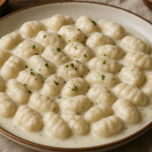 Nhoque com molho branco já servido no prato. Imagem: Reprodução