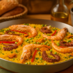 Paella de frutos do mar servida na frigideira.
