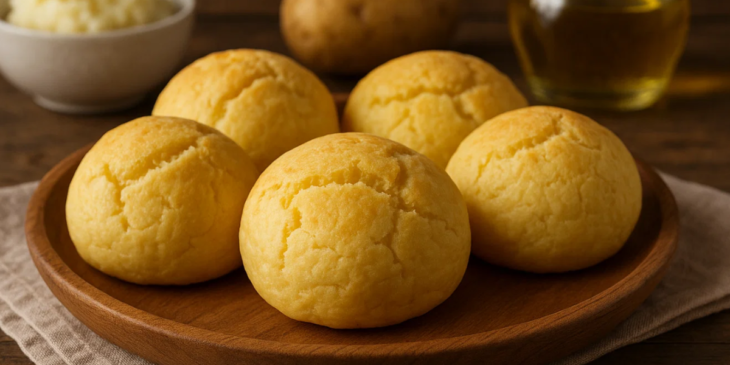 Pães de batata distribuídos em prato.