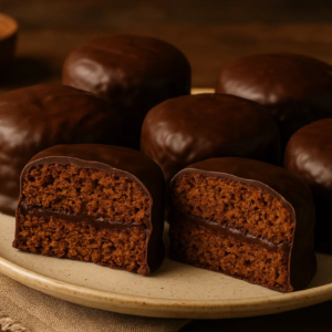 Pães de mel distribuídos em prato e um cortado ao meio.