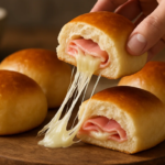 Pães com queijo e preseunto cortado ao meio