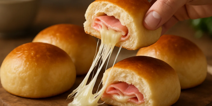 Pães com queijo e preseunto cortado ao meio