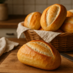Pão de francês na forma e outros na cesta.