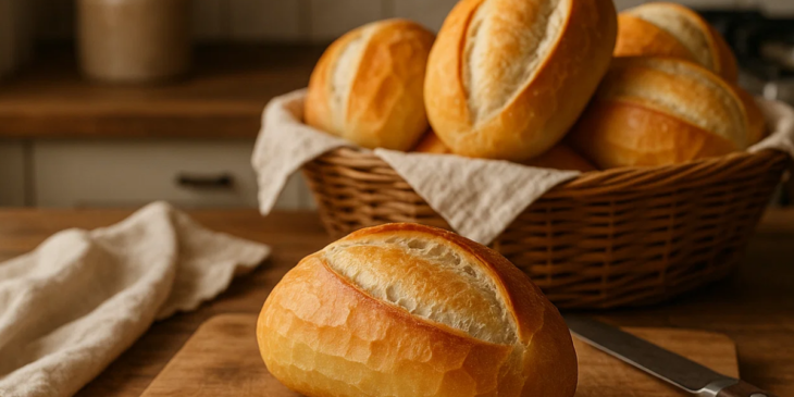 Pão de francês na forma e outros na cesta.