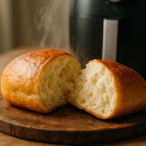 Pão ainda quente cortado ao meio.