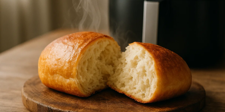 Pão ainda quente cortado ao meio.