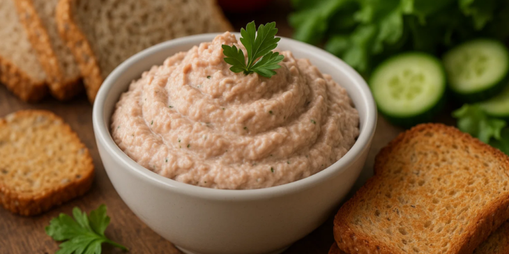 Patê de atum ao lado de torradas