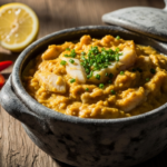 Pirão de peixe em panela de pedra, ao lado de pimentas e limão.