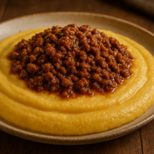 Polenta com carne moída em prato.