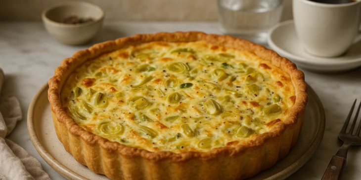 Quiche de alho poró pronta e servida.