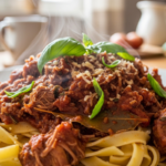 Ragu servido no prato por cima da macarronada.