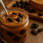 Doce de leite com ameixas em pote e ameixas do lado.
