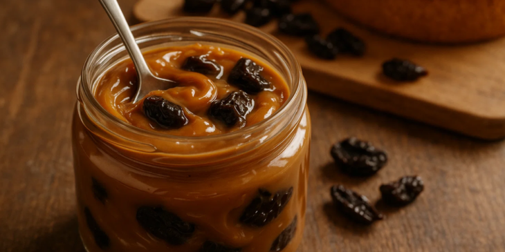 Doce de leite com ameixas em pote e ameixas do lado.