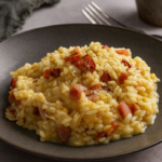 Risoto de alho poró cremoso com bacon servido no prato