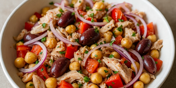 Salada de grão de bico com atum servida em tigela.