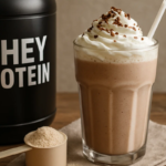 Shake de whey servido ao lado do produto.
