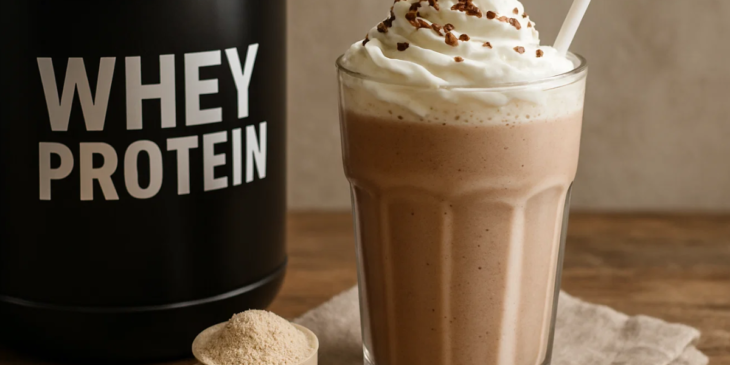 Shake de whey servido ao lado do produto.