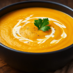 Sopa de abóbora servida em tigela.