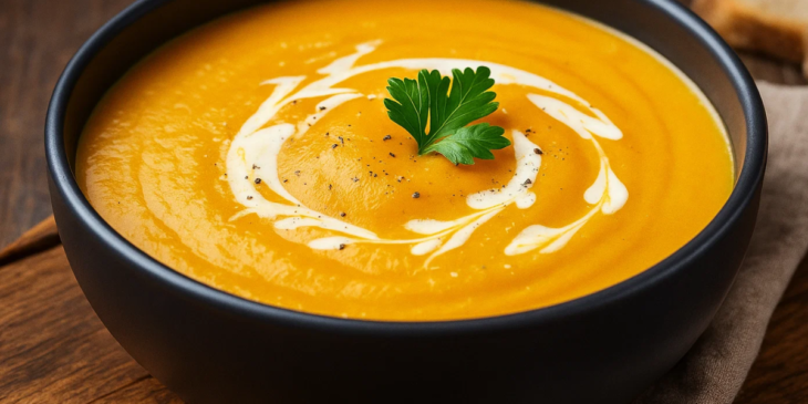 Sopa de abóbora servida em tigela.