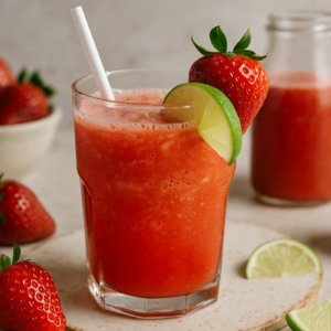Suco de morango com limão servido no copo com frutas ao lado.