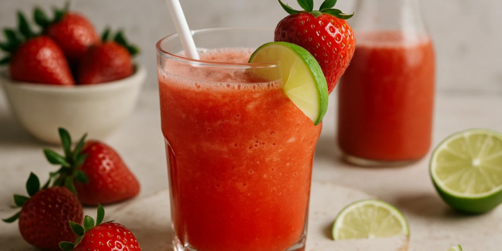 Suco de morango com limão servido no copo com frutas ao lado.