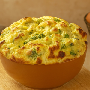 Suflê de brócolis com queijo na tigela.