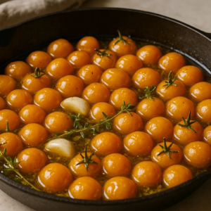 Tomatinhos confitados com alho e tomilho na frigideira.