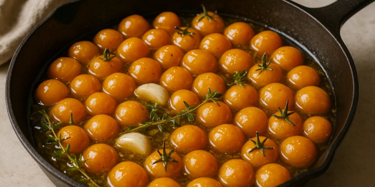 Tomatinhos confitados com alho e tomilho na frigideira.