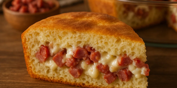 Pedaço cortado de torta de calabresa.