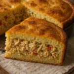 Torta de frango servida ao lado da torta inteira.