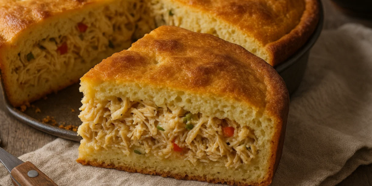 Torta de frango servida ao lado da torta inteira.