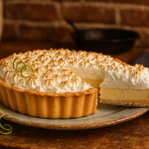 Pedaço de torta de limão sendo retirado para servir.