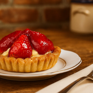 Tortelete de morango servida ao lado de cargo.